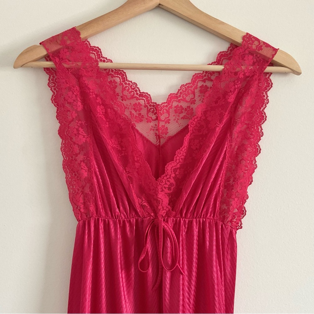 Vintage Red Satin Lace Trim Maxi Slip Dress Romantic Valentine Size M